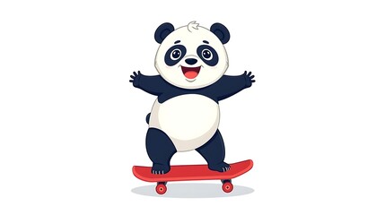 Fototapeta premium A cute cartoon panda with its arms outstretched, happily riding a red skateboard.