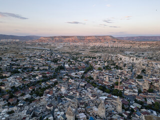 Cappadocia, Turkey: Aerial view of the sunset over Goreme town in Cappadocia in Anatolia in Turkey