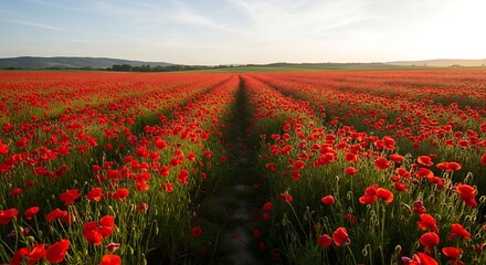 Obraz premium Vibrant Red Poppy Field Stretching to the Horizon at Sunset.