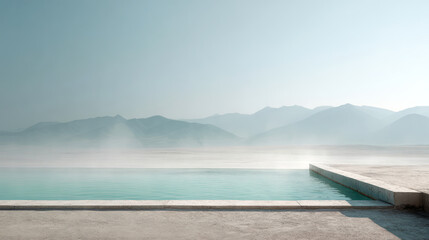Quiet pool with pale mineral water in a minimalist desert landscape with misty mountains. AI generative