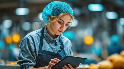 Focused bakery worker with digital tablet checking production line