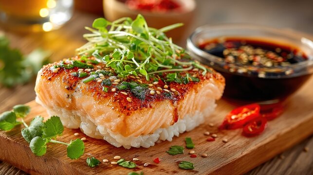Grilled salmon fillet on sushi rice with soy sauce, sesame, and microgreens