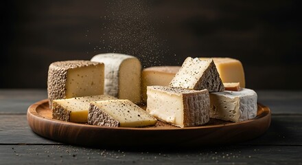 Assorted Artisan Cheeses on Wooden Tray, Dark Background, Gourmet Food Still Life.