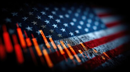 USA flag with glowing financial stock market data overlay