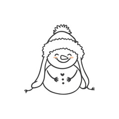 cute cartoon snowman with a hat in doodle style. Christmas Coloring page. Vector illustration 