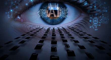Experience the future of intelligence with advanced AI circuits integrated into a human eye, symbolizing data analysis and technological foresight.