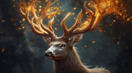 A majestic stag with glowing antlers adorned with autumn leaves, set against a dark, mystical forest background.