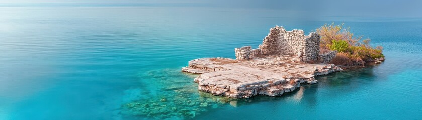 A serene, turquoise water landscape featuring a small rocky island with ancient ruins and minimal vegetation.