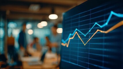 Medium shot of a computer monitor displaying trend forecasts the graph lines crisp against a blurred backdrop of colleagues collaborating. - Powered by Adobe