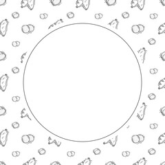 sausage frame. doodle grill sausage circle frame. hand drawn sausage frame background. grill sausage background