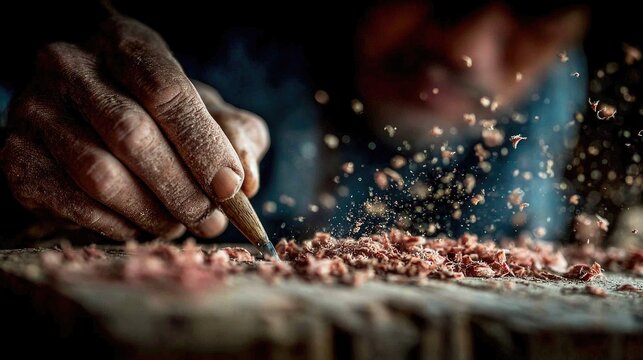 Wood carving close-up with flying wood shavings