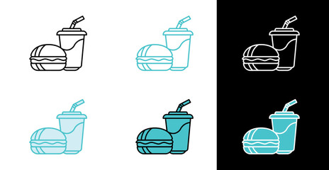 Hamburger and soda combo icon for food and drink promotion in line and fill style