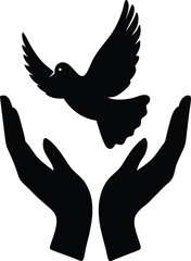 Silhouette of two cupped hands holding a small object or symbol