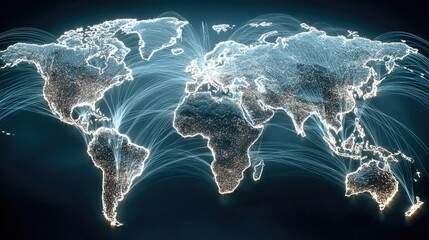 Global digital communication network connections on world map visualization