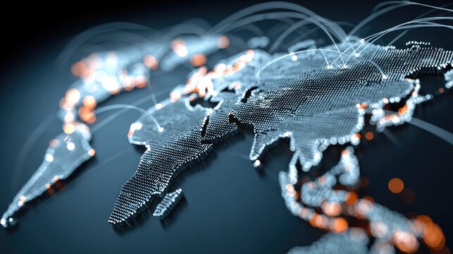 Abstract futuristic 3D world map with glowing digital network connections