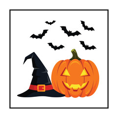 Fototapeta premium High-Quality Flat Vector Halloween Illustration: Jack-o'-lantern, Witch Hat, Bats