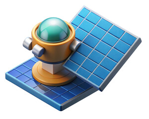 Stylized solar panel array with observatory dome generating clean energy resources 3d illustration isolated on transparent background