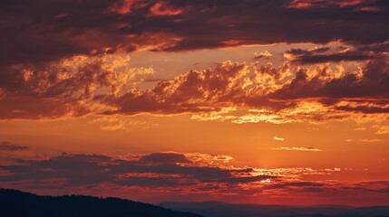 Fototapeta premium peace. A breathtaking sunset sky panorama with vibrant warm hues and glowing clouds. inspiring travel planning, travel magazines, designed for travel destination branding, inspires travel planning.