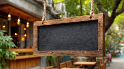 Empty wooden chalkboard sign hanging outside street cafe