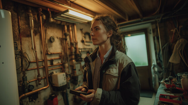 Female technician inspecting heat pump in basement.