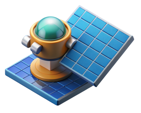 Stylized solar panel array with observatory dome generating clean energy resources 3d illustration isolated on transparent background