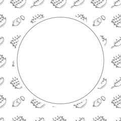 sausage frame. doodle grill sausage circle frame. hand drawn sausage frame background. grill sausage background