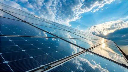 Solar panels reflecting sky and clouds generating clean renewable energy