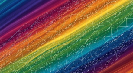 Vibrant rainbow spectrum background with an overlay of a digital plexus network.