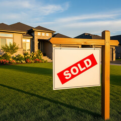A "For Sale" Sign in Front of a Suburban House, with a Sold Sticker