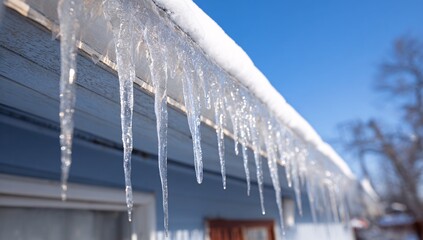Icicles Hanging from Roof Edge in Snowy Neighborhood