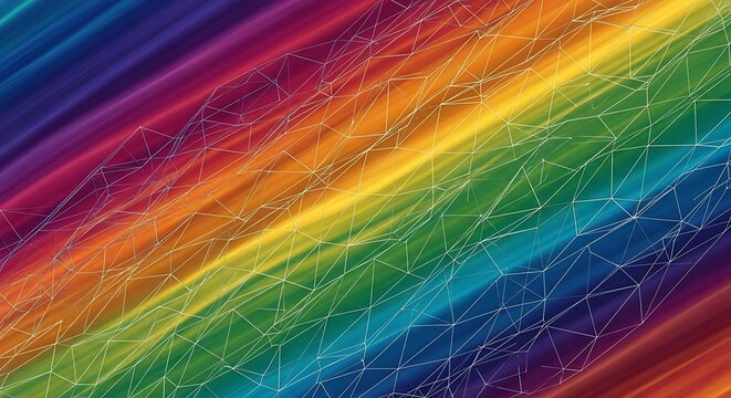Vibrant rainbow spectrum background with an overlay of a digital plexus network.
