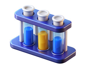 Three test tubes with liquids in a blue rack for science education and experimentation 3d illustration isolated on transparent background