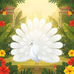 White peacock displaying feathers in tropical garden with flowers  