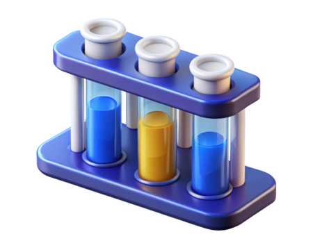 Three test tubes with liquids in a blue rack for science education and experimentation 3d illustration isolated on transparent background