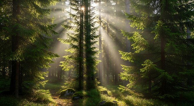 Sunlight streams through a misty forest, illuminating tall trees.