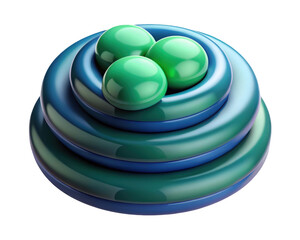 Three green spheres nestled in stacked blue rings serene abstract design 3d illustration isolated on transparent background