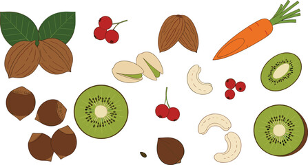 Healthy food vector, nuts and fruits illustration, vegetable icons set, organic snack design, dietary elements, natural nutrition concept art