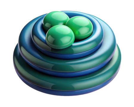 Three green spheres nestled in stacked blue rings serene abstract design 3d illustration isolated on transparent background