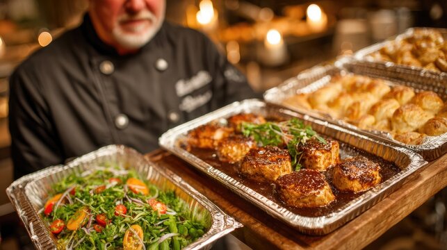 Professional chef presenting trays of roasted meat, salad and bread rolls - Powered by Adobe