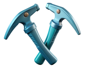 Two crossed blue ice axes for climbing and mountaineering adventures 3d illustration isolated on transparent background