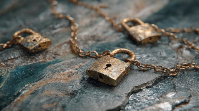 Old rusty brass padlock and chain on stone background