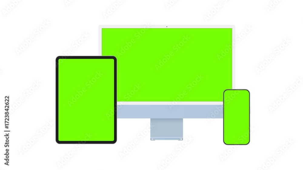Wall mural animated mockup with blue computer monitor, tablet and phone with green screens on white background.