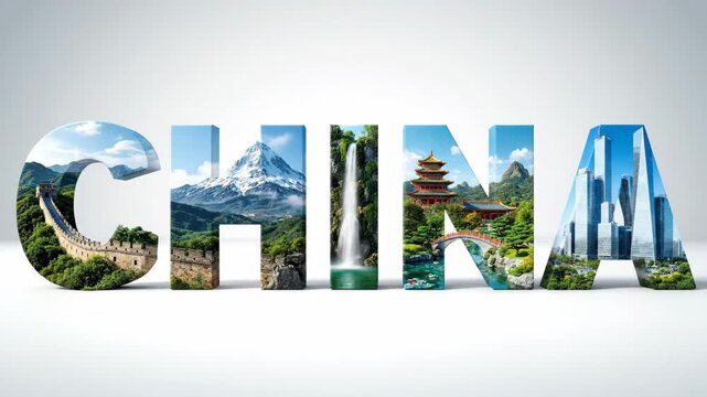China: Scenic Landscapes and Cityscapes - A 3D video of the word "CHINA" where each letter is filled with stunning video of iconic Chinese landmarks, landscapes, and cityscapes.