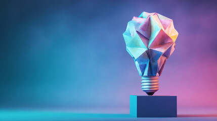 Origami lightbulb folded from metallized circuit board foil under colorful studio lighting. AI generative