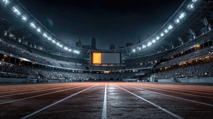 Fototapeta premium Night view of crowded illuminated athletics stadium with running track