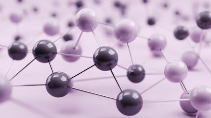 Minimal node-and-edge network of matte spheres and rods in isometric perspective, milky lilac and graphite palette. AI generative