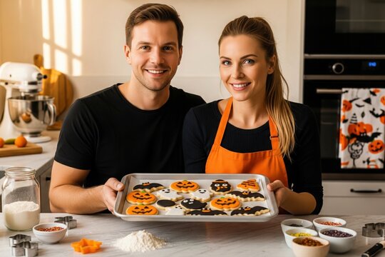 Couple baking Halloween cookies in kitchen. Smiling at camera. - Powered by Adobe
