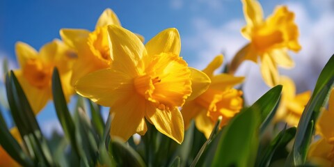The Daffodil in Bright Spring Sunlight with Blue Sky and Soft Focus Background