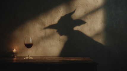 Silhouette of a witch on the background of a wall and a glass of red wine. An invitation to a Halloween party with drinks.