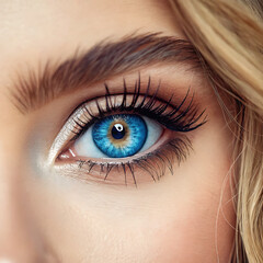 Obraz premium A striking close-up of a piercingly vibrant blue eye with a warm brown ring around the pupil, highlighted by long, perfectly curled eyelashes and a well-groomed eyebrow.